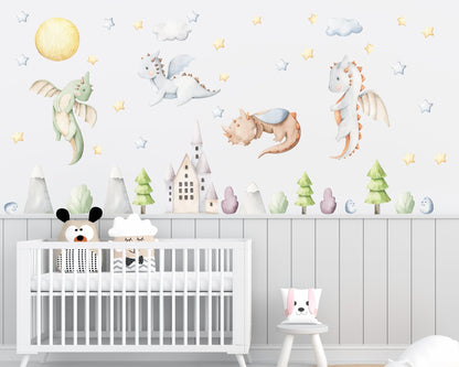 Baby Dragons & Castle Nursery Animals Wall Decal - ChicoBumBum