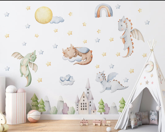 Baby Dragons & Castle Nursery Animals Wall Decal - ChicoBumBum