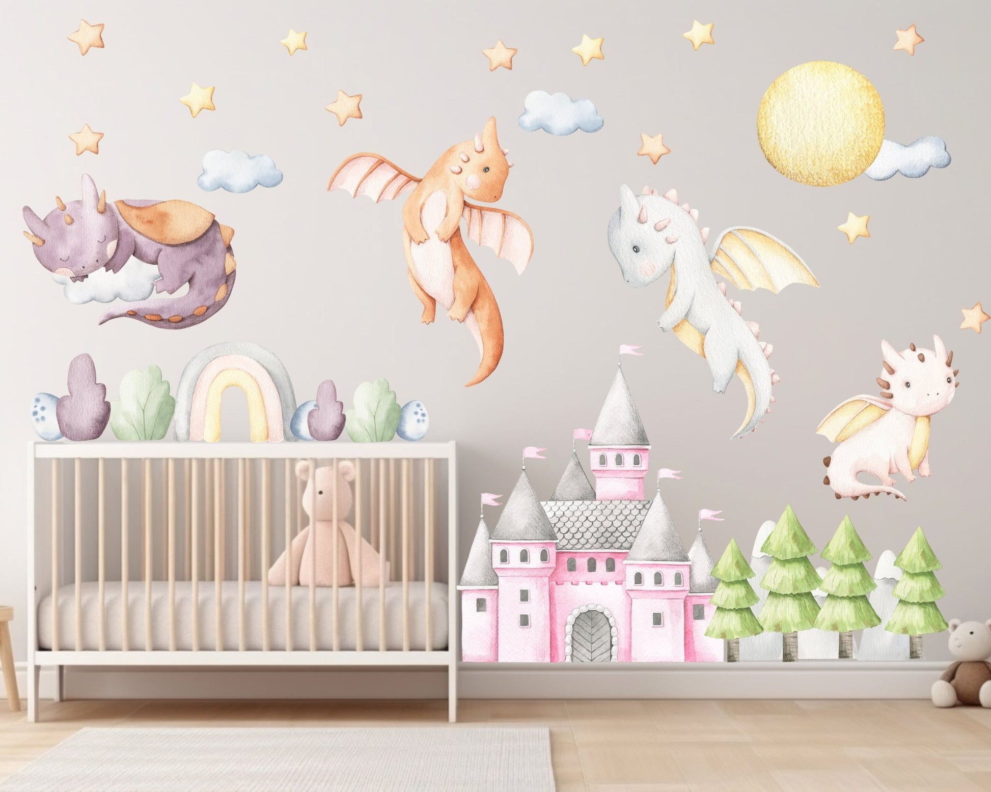 Girls Dragons & Castle Nursery Animals Wall Decal - ChicoBumBum