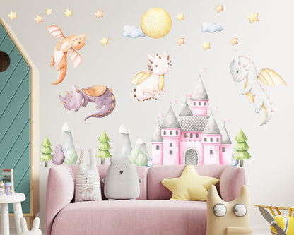 Girls Dragons & Castle Nursery Animals Wall Decal - ChicoBumBum