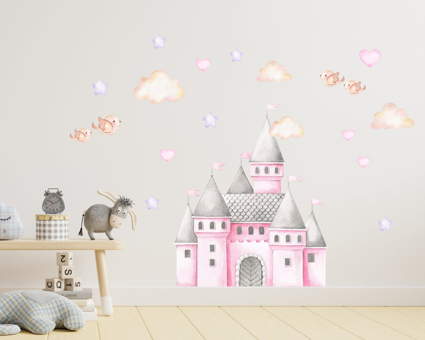 Pink Castle and Birds & Clouds Nursery Decal - ChicoBumBum