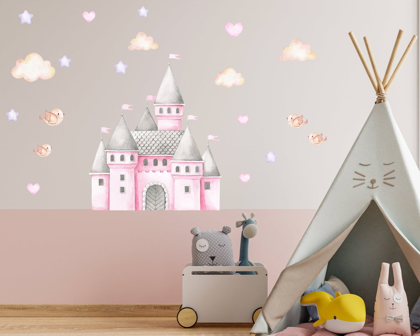 Pink Castle and Birds & Clouds Nursery Decal - ChicoBumBum