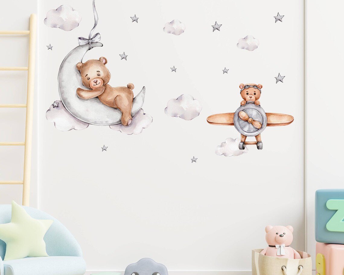 Bear on a Plane & Moon Wall Decal - ChicoBumBum