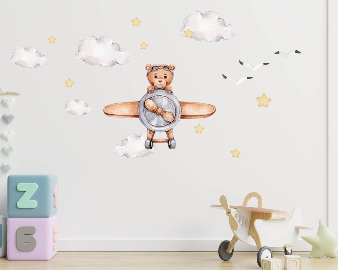 Bear on a Plane & Stars Wall Decal - ChicoBumBum