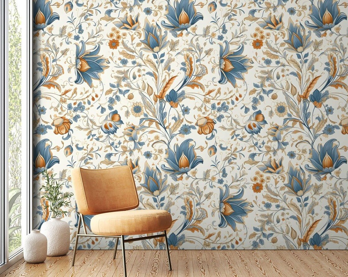 Blue and Orange Floral Wallpaper - ChicoBumBum