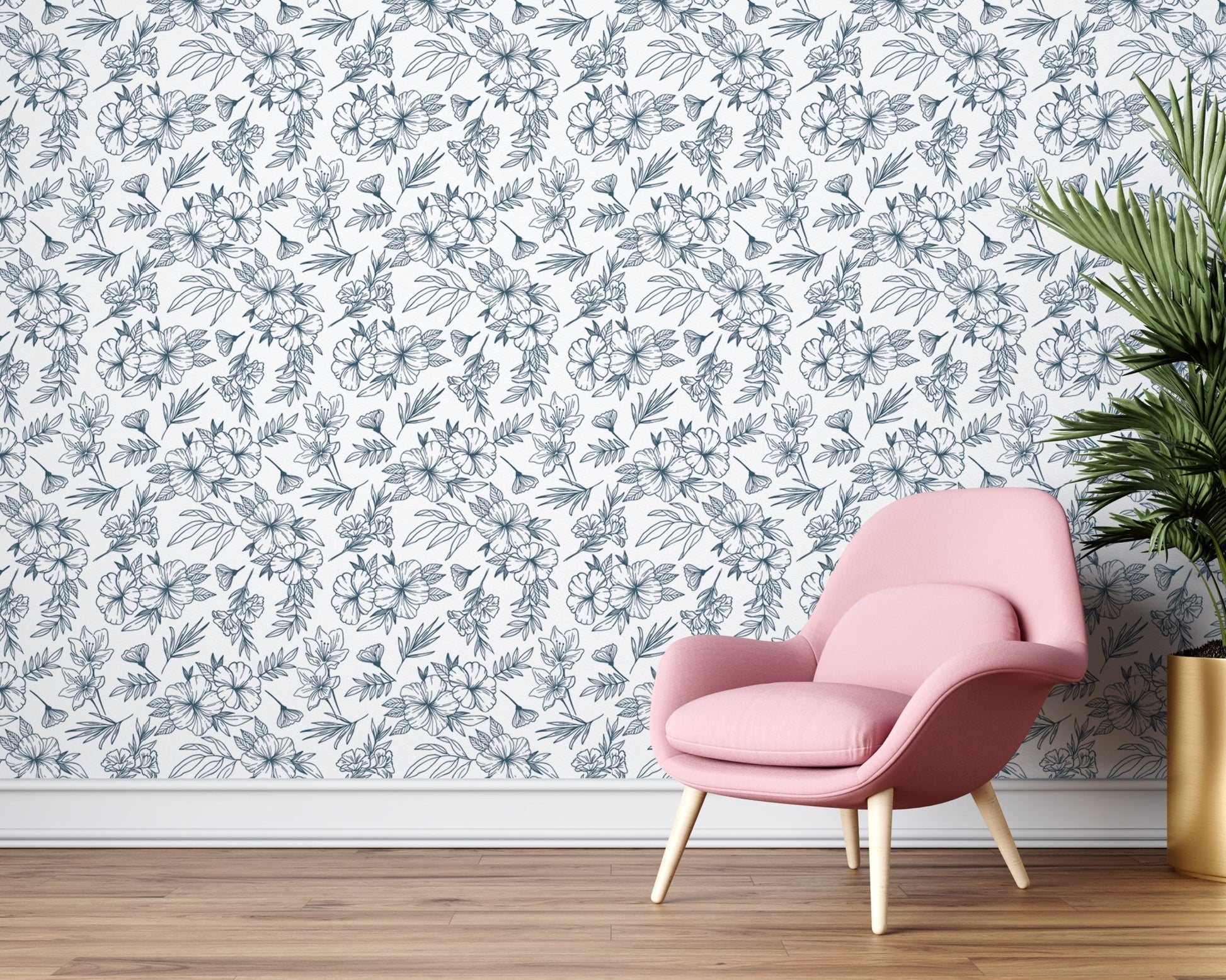 Blue and White Floral Decorative Wallpaper - ChicoBumBum