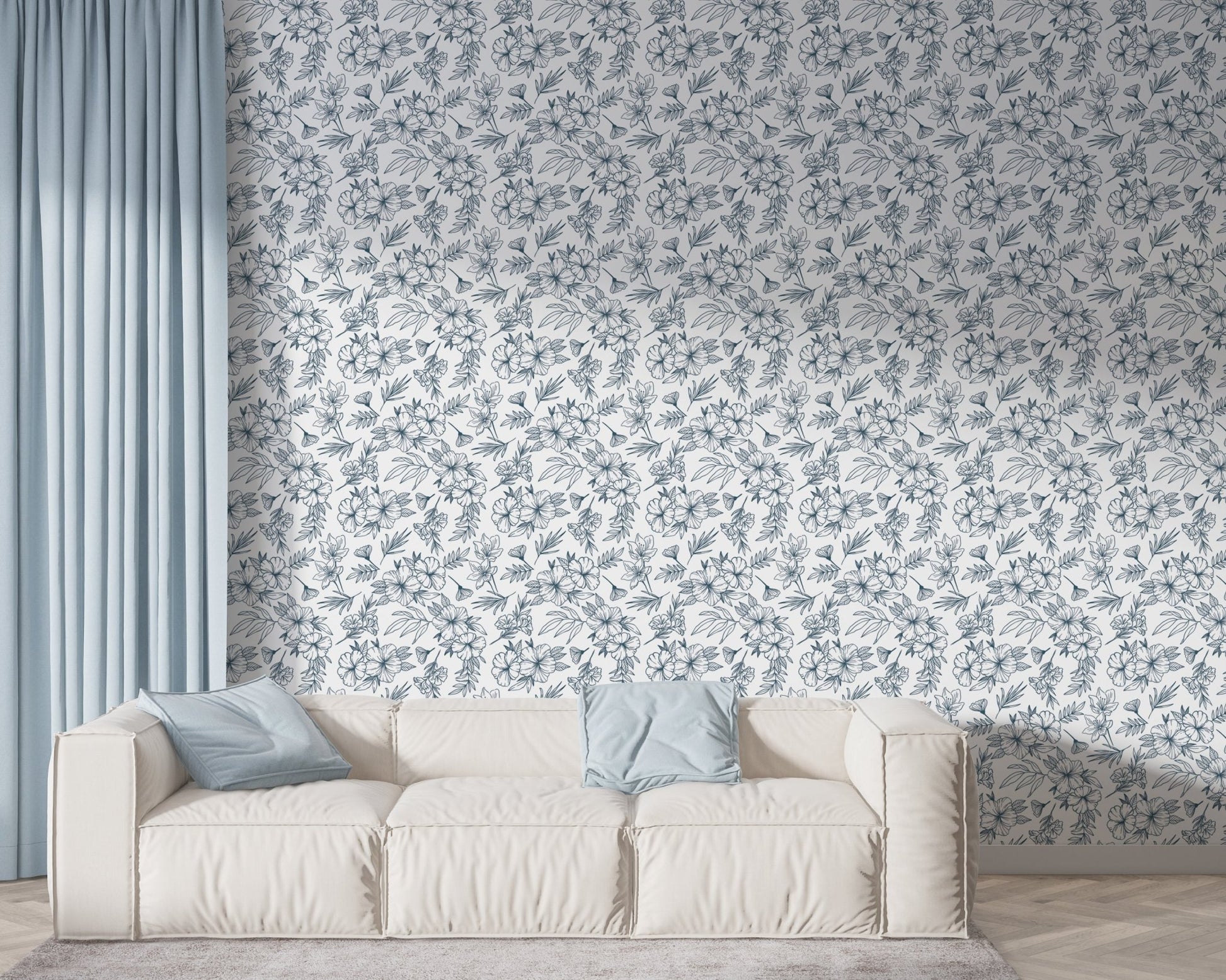 Blue and White Floral Decorative Wallpaper - ChicoBumBum