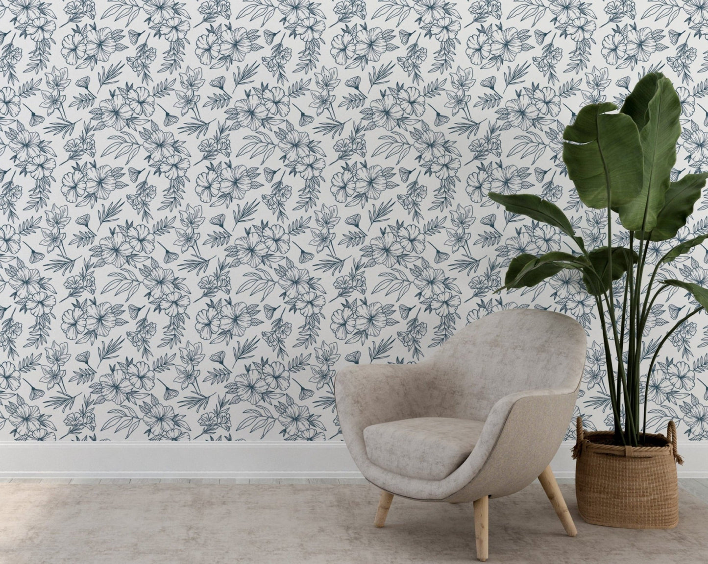 Blue and White Floral Decorative Wallpaper - ChicoBumBum