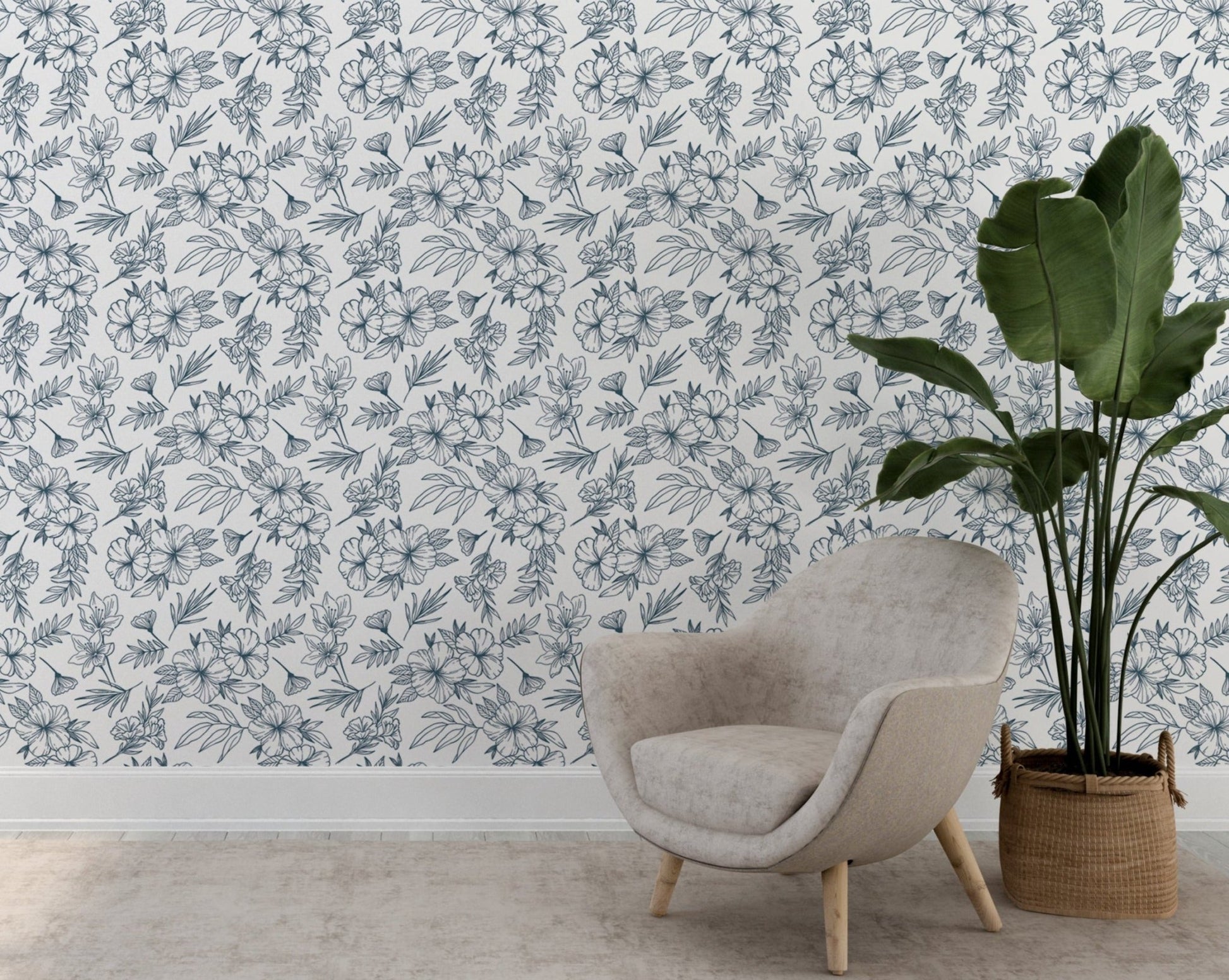Blue and White Floral Decorative Wallpaper - ChicoBumBum