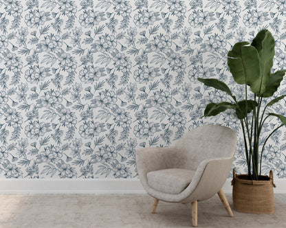 Blue and White Floral Decorative Wallpaper - ChicoBumBum
