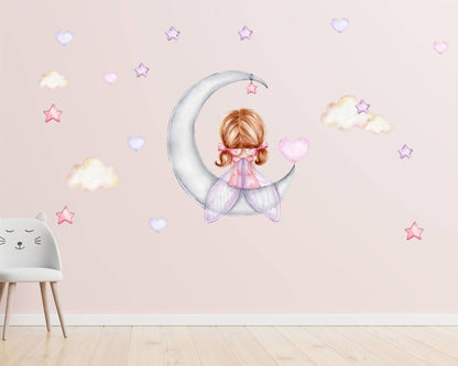 Fairy on Moon Nursery Wall Decal - ChicoBumBum