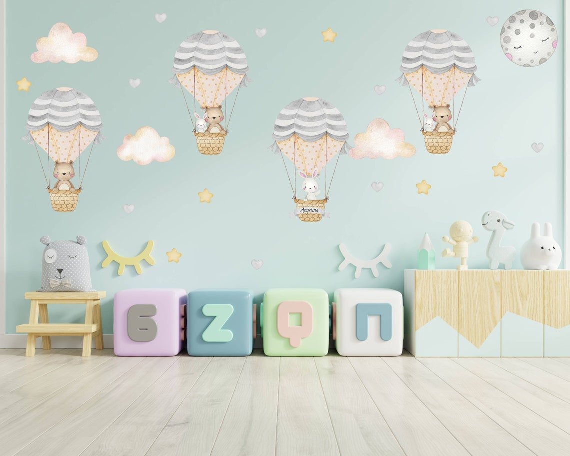 Hot Air Balloon with Bear & Bunny Wall Decal - ChicoBumBum