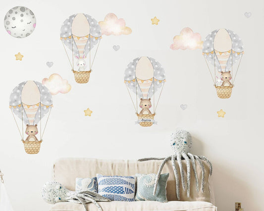 Hot Air Balloon with Bear & Bunny Wall Decal - ChicoBumBum