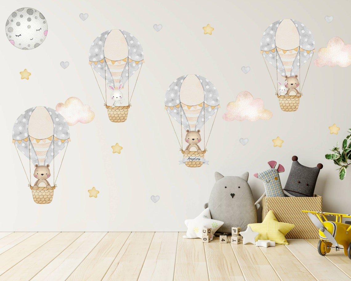 Hot Air Balloon with Bear & Bunny Wall Decal - ChicoBumBum