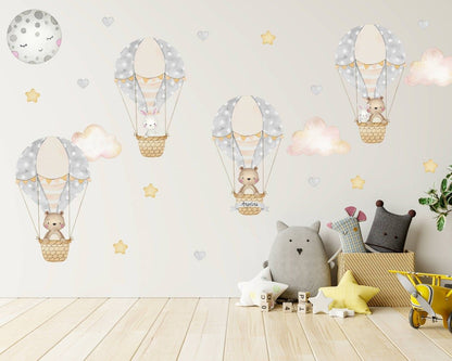 Hot Air Balloon with Bear & Bunny Wall Decal - ChicoBumBum