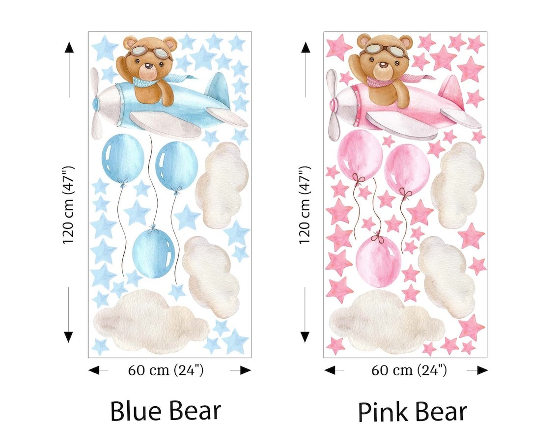 Pink & Blue Bear on a Plane Wall Decal - ChicoBumBum