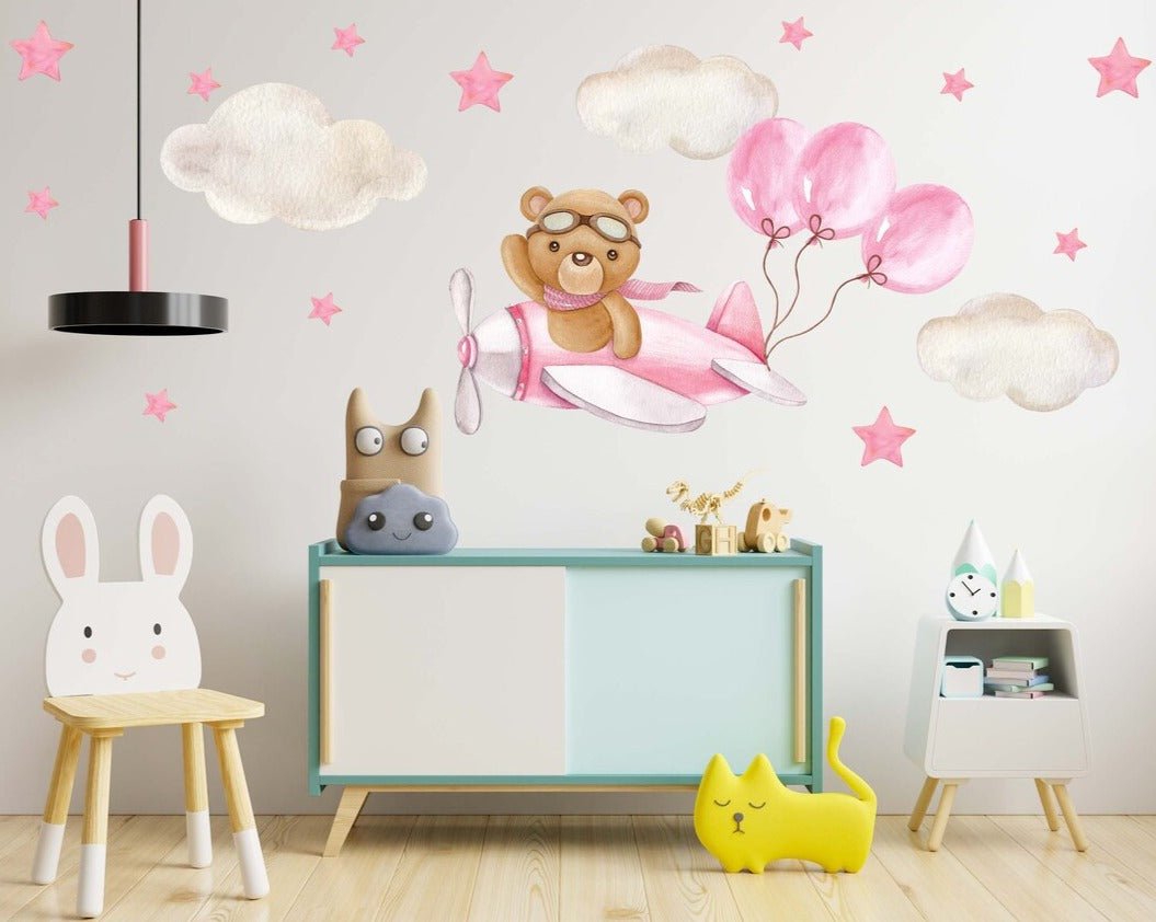 Pink & Blue Bear on a Plane Wall Decal - ChicoBumBum