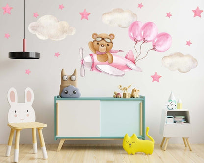 Pink & Blue Bear on a Plane Wall Decal - ChicoBumBum