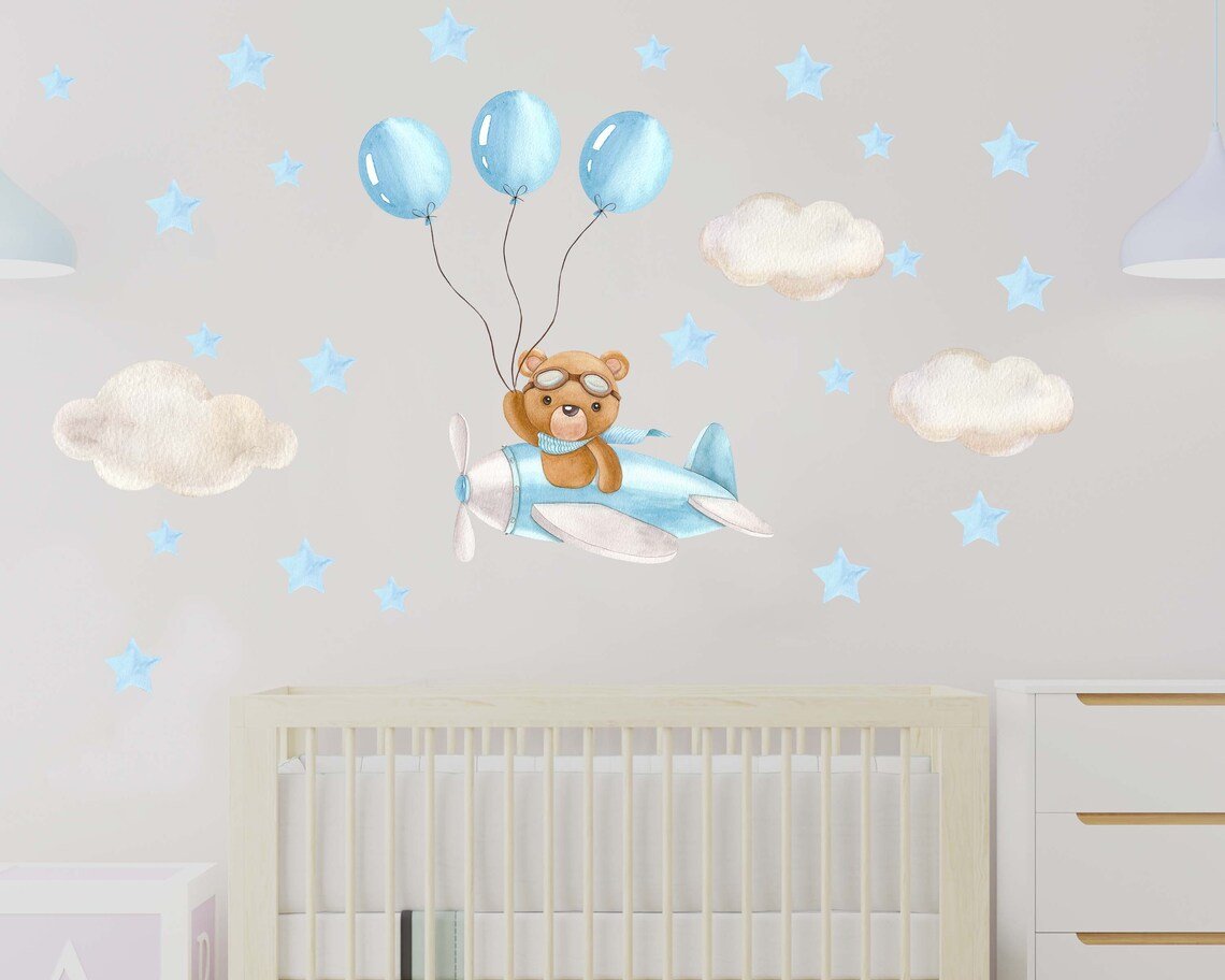 Pink & Blue Bear on a Plane Wall Decal - ChicoBumBum